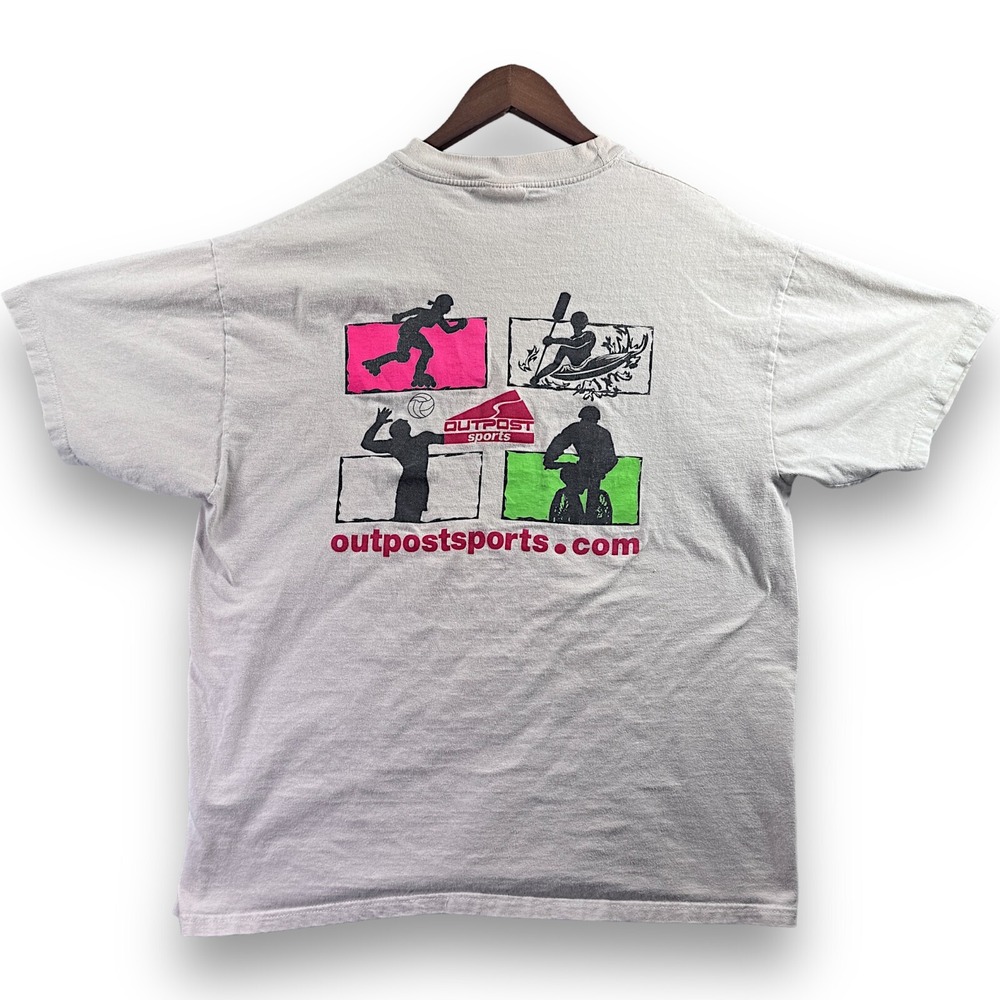 Hanes Beefy T Outpost Sports Mens T-Shirt XL Beige Retro Logo Short Sleeve Tee